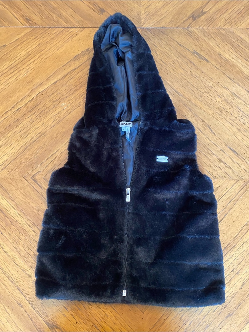 DKNY Black Faux Fur Hooded Zip Vest